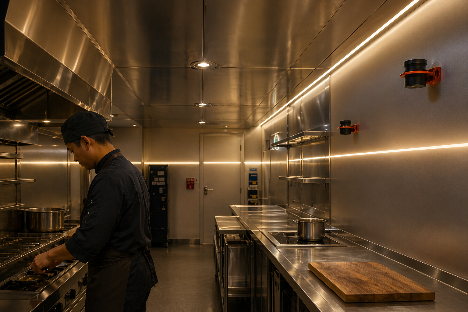 Ship kitchen interior with HorizonLine device mounted on wall, projecting a warm horizontal light line across the space